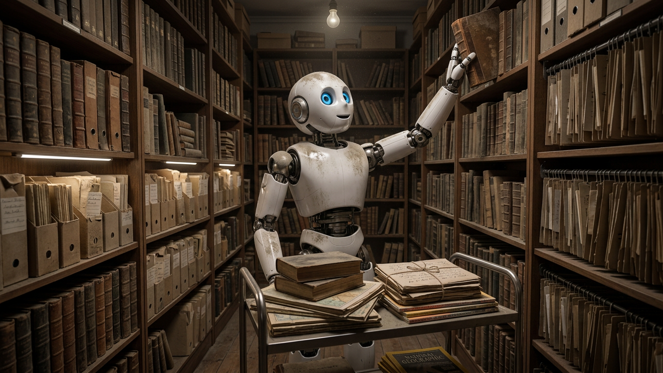 robot i arkiv En robot letar böcker i ett gammalt dammigt arkiv.